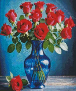 Red Roses Blue Glass Vase Diamond Painting