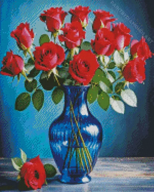 Red Roses Blue Glass Vase Diamond Painting