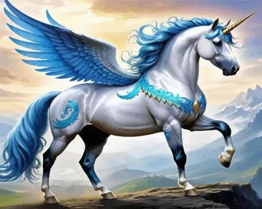 Winged Blue And White Unicorn Diamond Painting