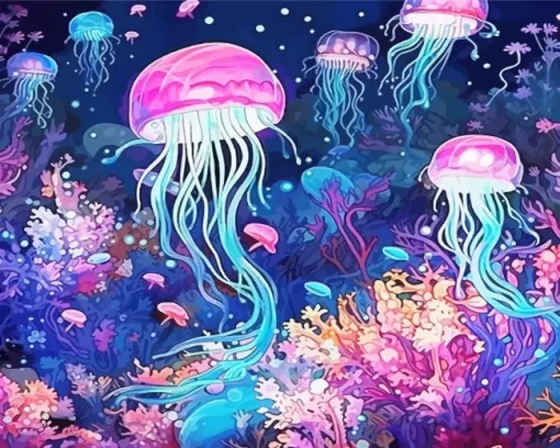 Blue And Pink Jellyfish Underwater Diamond Painting