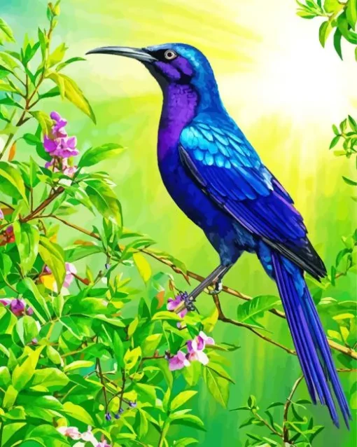 Blue And Purple Bird On Stick Diamond Painting