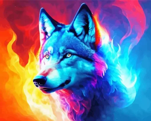 Blue And Red Fire Wolf Diamond Painting