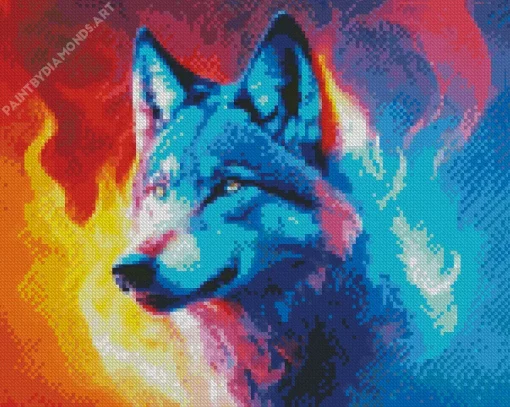 Blue And Red Fire Wolf Diamond Painting