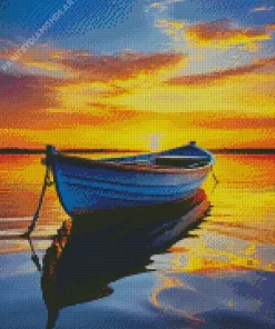 Blue Boat At Sunrise Diamond Painting