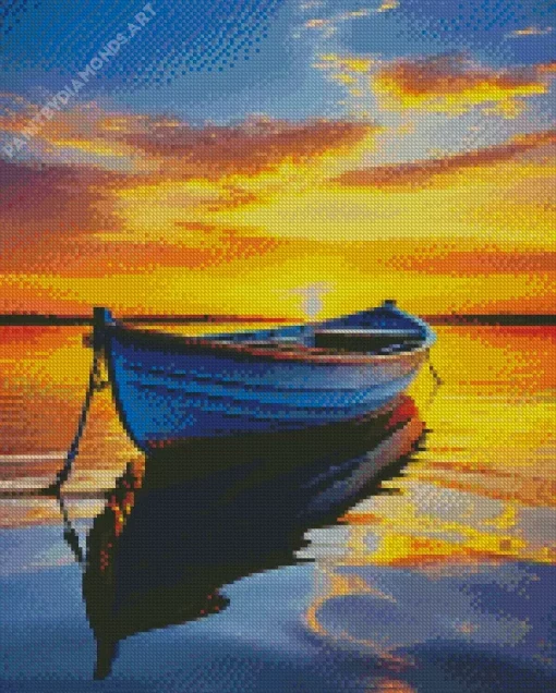 Blue Boat At Sunrise Diamond Painting