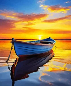 Blue Boat At Sunrise Diamond Painting