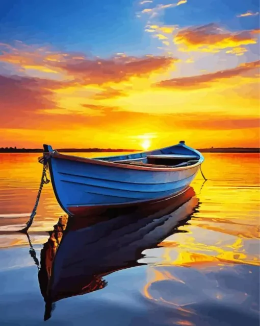 Blue Boat At Sunrise Diamond Painting