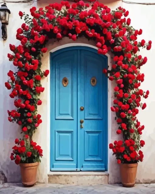 Blue Door Flowers Diamond Painting