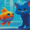 Cartoon Blue Cat And Goldfish Diamond Painting