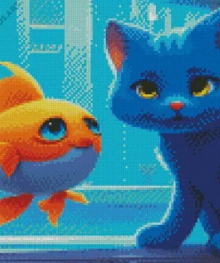 Cartoon Blue Cat And Goldfish Diamond Painting