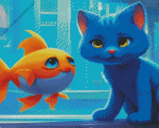 Cartoon Blue Cat And Goldfish Diamond Painting