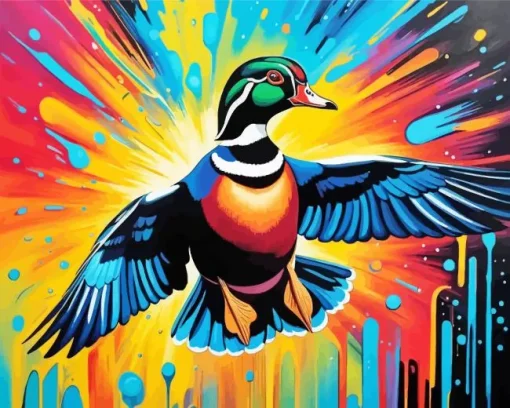 Colorful Flying Wood Duck Diamond Painting