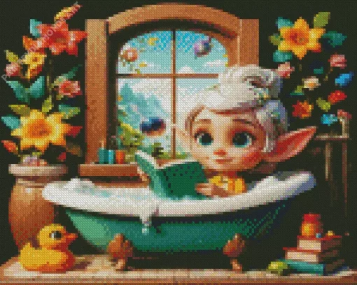 Cute Elf Girl In Bathtub Diamond Painting