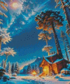 Forest House In Winter Night Diamond Painting