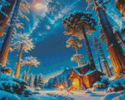 Forest House In Winter Night Diamond Painting