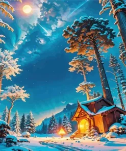 Forest House In Winter Night Diamond Painting