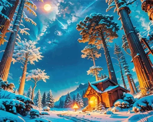 Forest House In Winter Night Diamond Painting