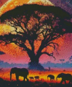 Full Moon Elephants Silhouette Diamond Painting