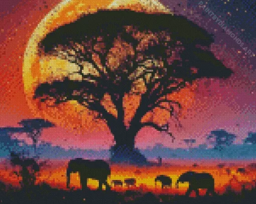 Full Moon Elephants Silhouette Diamond Painting