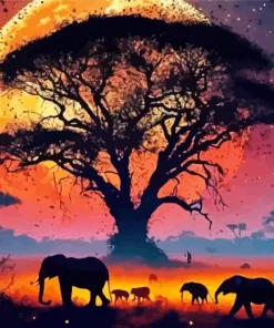 Full Moon Elephants Silhouette Diamond Painting