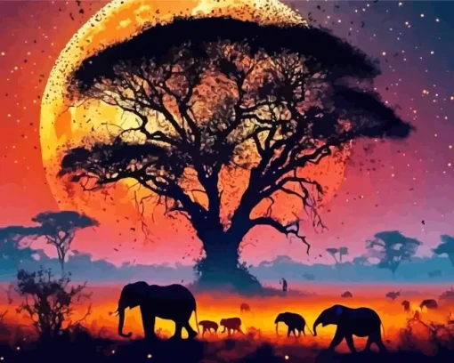 Full Moon Elephants Silhouette Diamond Painting