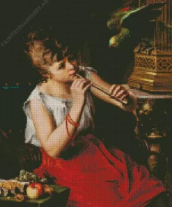 Girl With Parrot Playing The Flute Diamond Painting