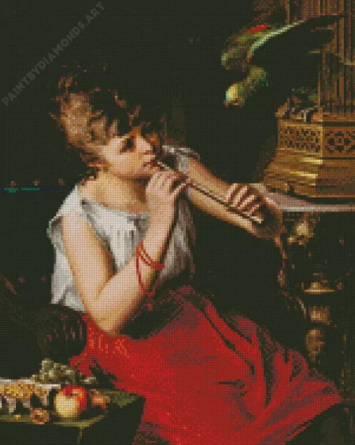 Girl With Parrot Playing The Flute Diamond Painting