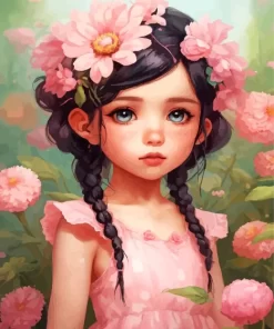 Pink Aesthetic Girl And Flower Diamond Painting