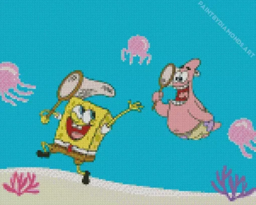 Spongebob And Patrick Jellyfishing Diamond Painting