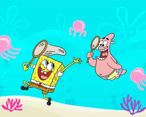 Spongebob And Patrick Jellyfishing Diamond Painting