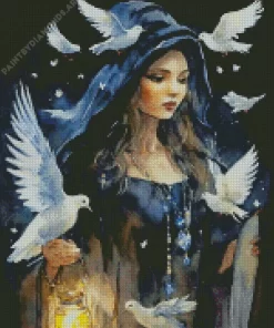 Witch And White Doves Diamond Painting