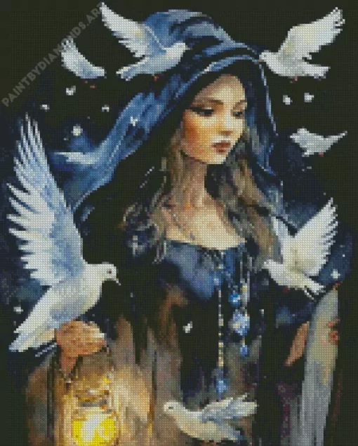 Witch And White Doves Diamond Painting