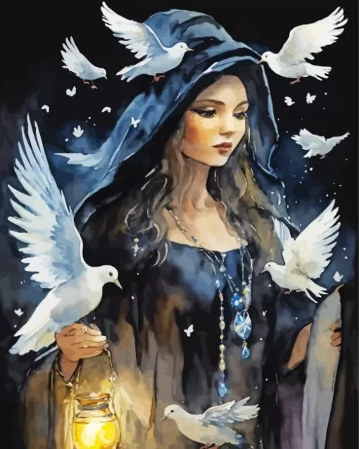 Witch And White Doves Diamond Painting