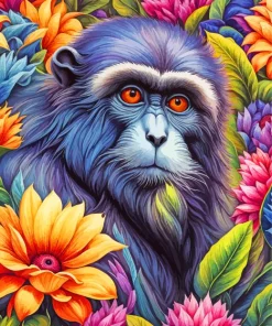 Black Monkey Among Flowers Diamond Painting