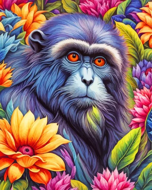 Black Monkey Among Flowers Diamond Painting