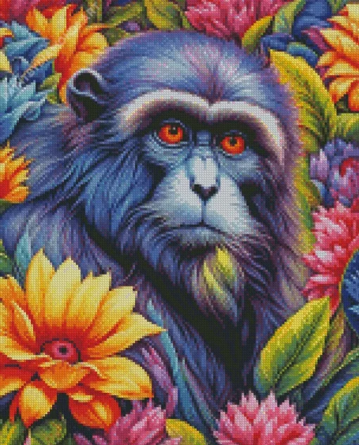 Black Monkey Among Flowers Diamond Painting