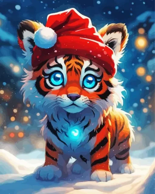 Christmas Blue Eyed Tiger Diamond Painting