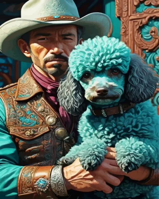 Cowboy And Blue Poodle Dog Diamond Painting