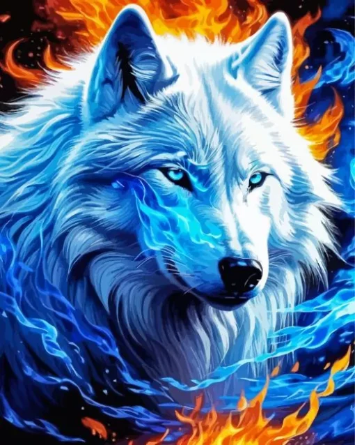 Red And Blue Flame Wolf Diamond Painting