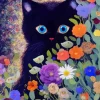 Blue Eyed Black Cat And Flowers Diamond Painting