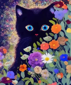 Blue Eyed Black Cat And Flowers Diamond Painting