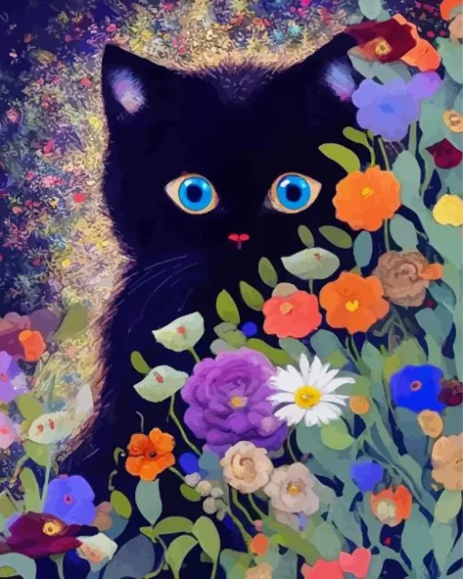 Blue Eyed Black Cat And Flowers Diamond Painting