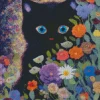 Blue Eyed Black Cat And Flowers Diamond Painting