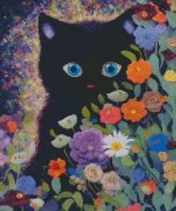 Blue Eyed Black Cat And Flowers Diamond Painting