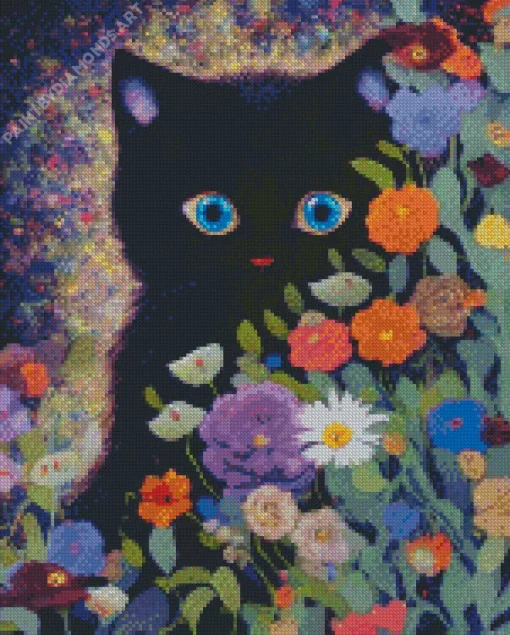 Blue Eyed Black Cat And Flowers Diamond Painting