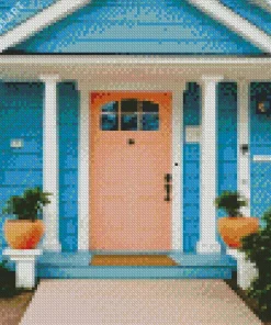 Blue House With Pink Door Diamond Painting