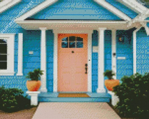 Blue House With Pink Door Diamond Painting