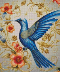 Blue Hummingbird And Flowers Diamond Painting