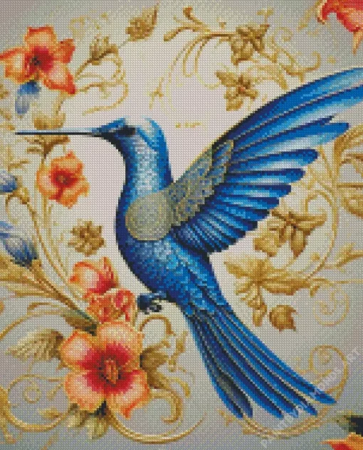 Blue Hummingbird And Flowers Diamond Painting