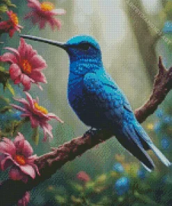 Blue Hummingbird On Stick Diamond Painting